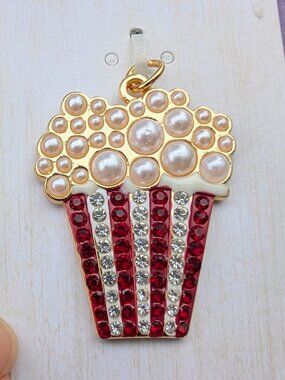 Hello Happy Popcorn Pendant Charm - Faux Pearls, clear and red rhinestones - NWT
